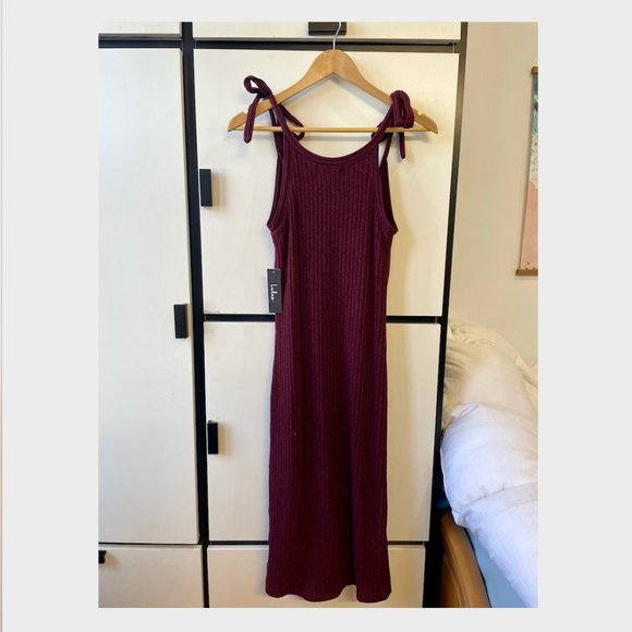 Rosaleen Burgundy Tie-Strap Ribbed Knit Midi Dress - Picture 6 of 8